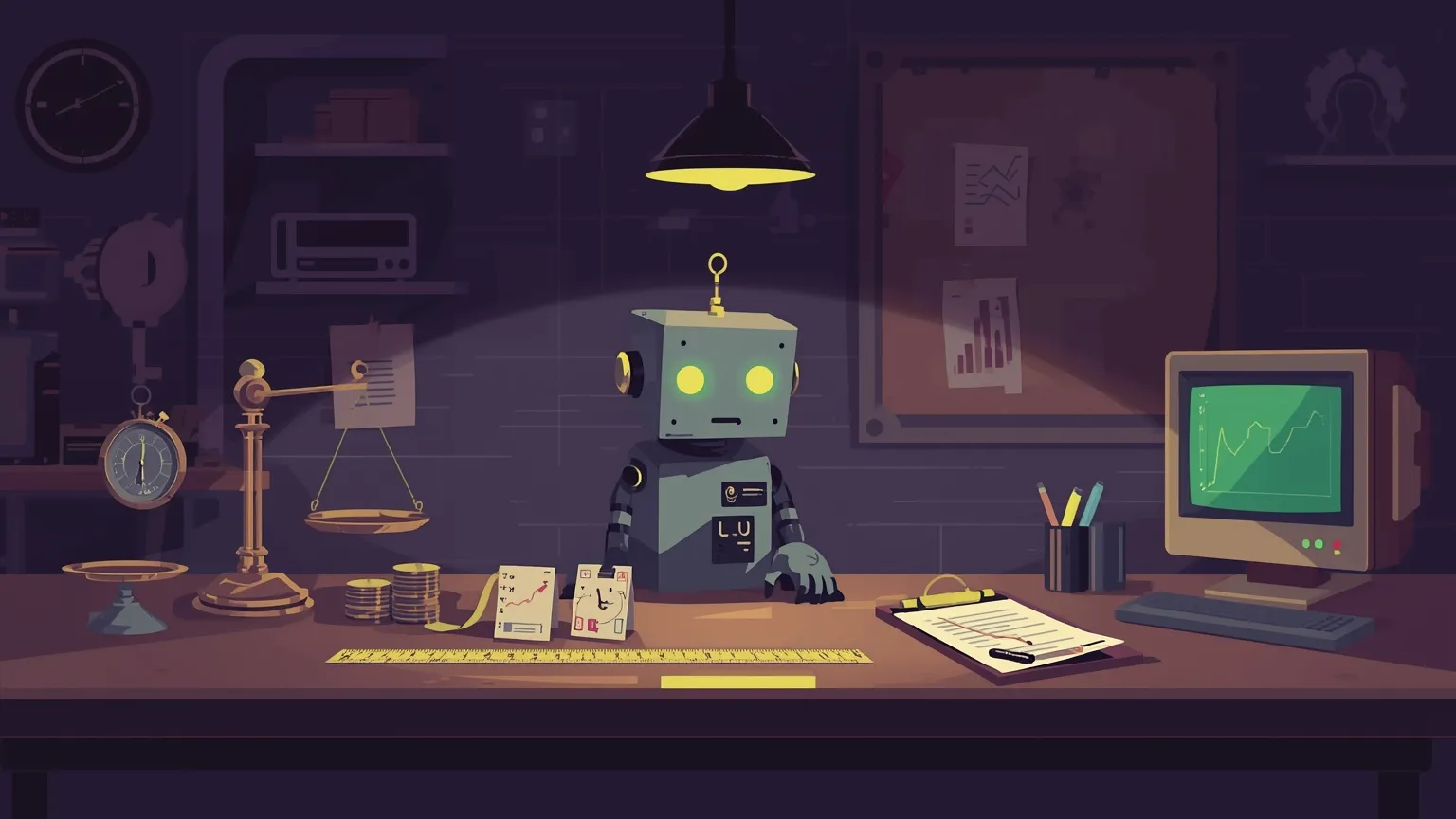 Robot hoạt hình đứng cạnh bàn thí nghiệm với đồng hồ bấm giờ, cân đĩa và thước đo